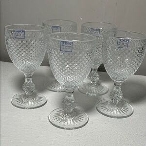 Vintage 50's Handmade Clear Glass Diamond Point Goblets Ivima Portugal Set 5